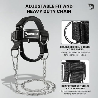 DMoose Fitness Neck Harness for Weight Lifting - Soft Padded Head & Chin Strap with 30" Heavy Duty Steel Chain - Neck Exerciser, Trainer & Strengthener to Support Injury Recovery and Intense Workouts