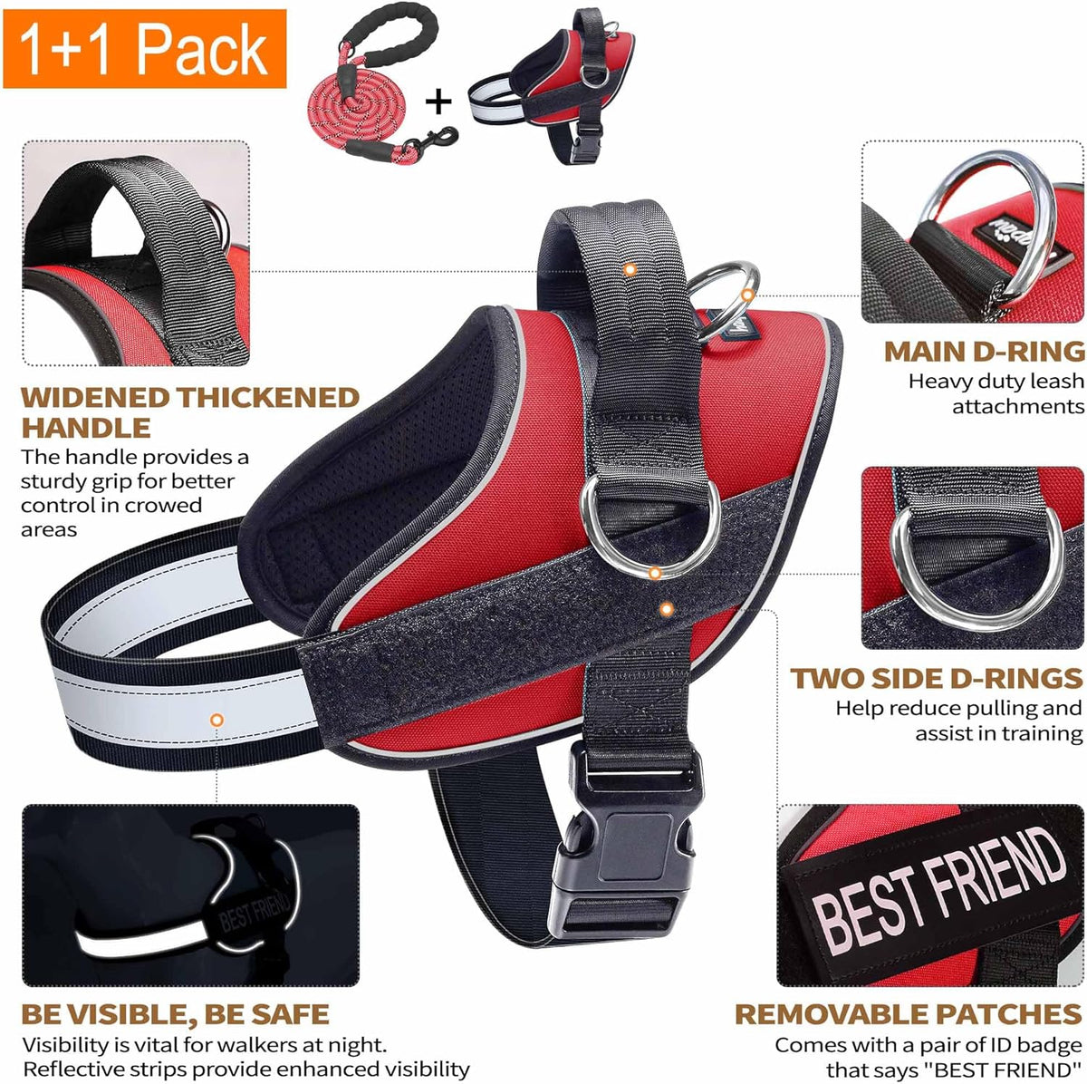 Haapaw Essential Dog Harness, No Pull Pet Vest with 3 Leash Clips, No Choke, Reflective, Adjustable and Padded, for Easy Walking and Training for Large Dogs(L, Red)