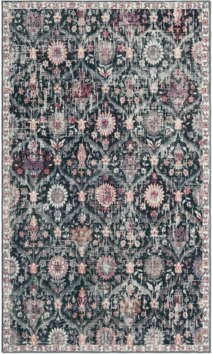 Lahome Moroccan Trellis Washable Small Area Rug, 3x5 Black Rug for Bedroom Living Room, Non-Slip Oriental Accent Throw Carpet for Kitchen Office Entryway Bathroom Office, Black/Multi