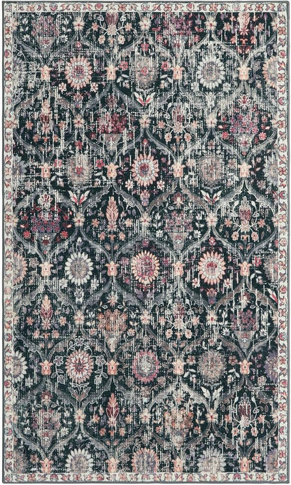 Lahome Moroccan Trellis Washable Small Area Rug, 3x5 Black Rug for Bedroom Living Room, Non-Slip Oriental Accent Throw Carpet for Kitchen Office Entryway Bathroom Office, Black/Multi