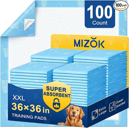 MIZOK XXL Pee Pads for Dogs Super Absorbent Dog Pee Pads Bulk 36x36in 100Ct | Heavy Duty Blue Pet Training Pads Feature Unique Jellyfish Designs and Leak Proof Adhesive Tabs for Large Dog Needs