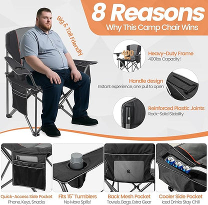 WEIDIORME 2 Pack Heavy Duty Oversized Camping Chair for Adults 400lbs w/Lumbar Support - Folding Chairs with Side Pocket, Cup Holder & Cooler Bag for Beach, Fishing, Lawn, Backyard Black