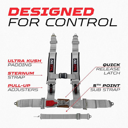 1pc Silver 5 Point Harness for Bucket Seat, Latch Release, 9 Color Options, Racing Harness 5 point, Race Car, UTV, RZR [6007]