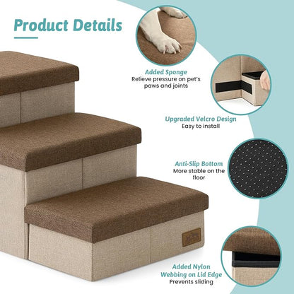 Dog Stairs with Storage, 3-Step Wider Sturdy Dog Steps for Small/Medium/Large Dogs and Older Cats, Doggie Ramp with Condo for Bed/Couch/Car Hold Up to 180 lbs (17.7" H, Brown)