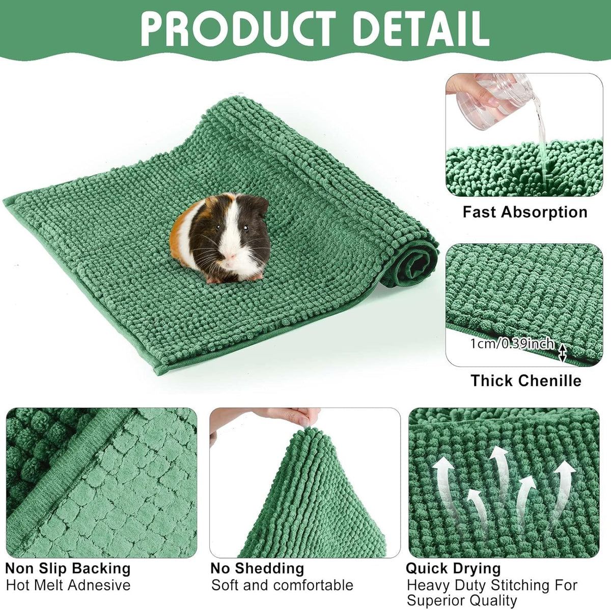 Amylove 4 Pcs Guinea Pig Cage Liner Guinea Pig Bedding Washable Fleece Pee Pads Reusable Small Animals Training Mat Small Animal Sleeping Bed for Bunny Hamster(Dark Green,16 x 24 Inch)
