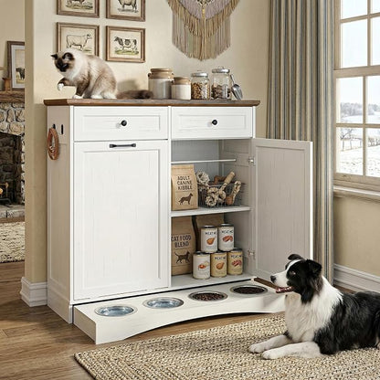 Furnaza Pet Feeding Station with 4 Bowls, Dual Doors Dog Cabinet Storage | White 39.7"W Dual Doors Pet feeding station with storage for dogs and cats, Pet Food Storage for Kitchen, Living Room