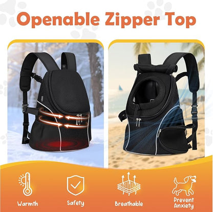 WOYYHO Pet Dog Carrier Backpack with Windows, Ventilated Small Dog Backpack | Breathable Top & Side Windows, Safety Belt, Storage Pockets, Small Dog Front Backpack, for Travel Hiking Outdoor, Black2.0, M