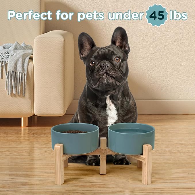 SPUNKYJUNKY Elevated Dog Bowls Ceramic, 6.1'' Dogs and Cat Food Water Bowls Raised with Non-Slip Bamboo Stand for Medium Sized Breed Microwave Dishwasher Safe - 28.7 OZ,Dark Green