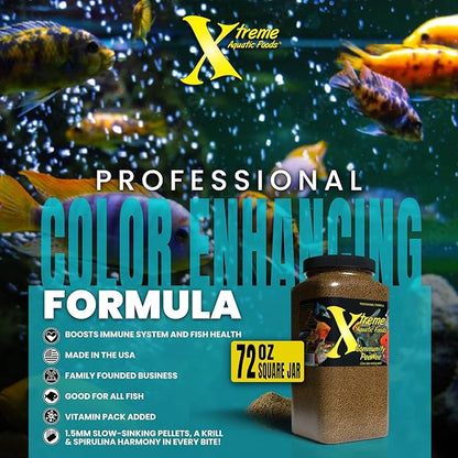Xtreme Community Peewee 1.5mm Pellets: Slow Sinking & Ideal for Community Fish - Boosts Immune & Digestive Health, Enhances Color & Energy, Max Protein Fish Food – USA Farm Grown (72oz)