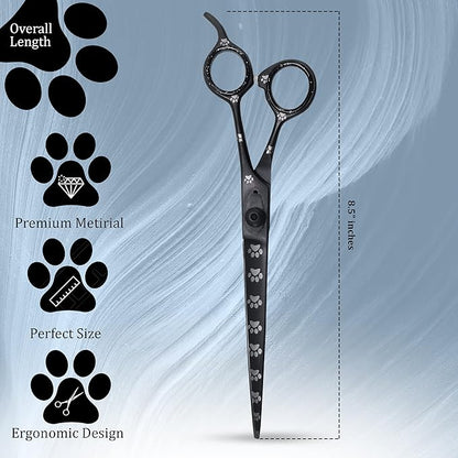 Professional Dog Grooming Scissors/Shears, Straight, with Paw Prints for Dogs, Cats & Pets (Right Handed, Black, Stainless Steel 8 Inch)