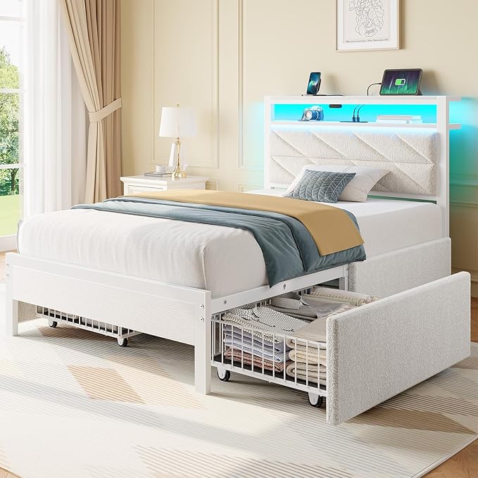 Seventable Twin Bed Frame with 4 Storage Drawers, Charging Station & LED Lights, Upholstered Headboard with 2-Tier Shelves, Metal Platform Bed, No Box Spring Needed, Noise-Free, White