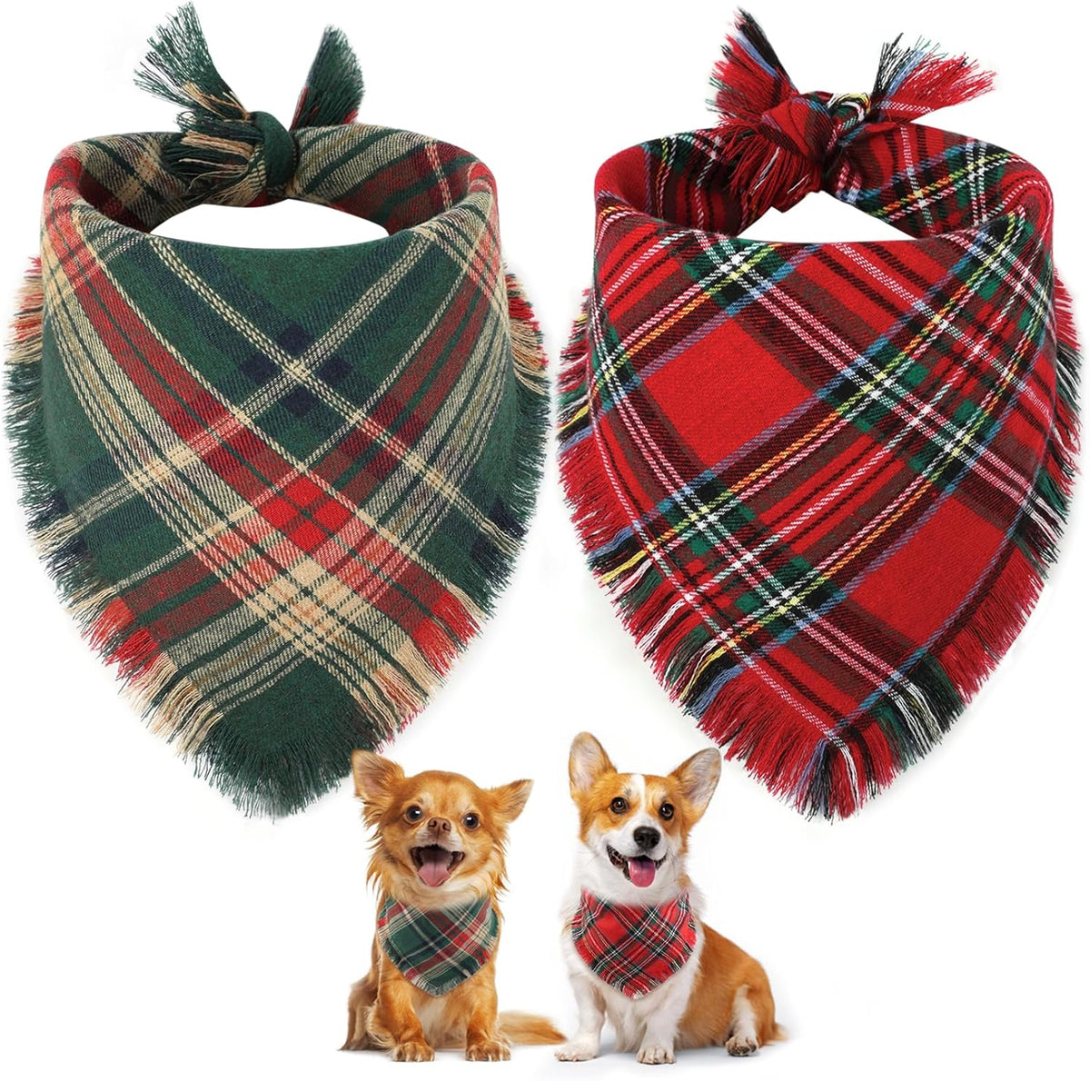 Vivifying Dog Christmas Bandana with Tassels Edges, 2 Pack Classic Plaid Triangle Pet Apparel & Accessories, Funny Holiday Dog Scarf Costume for Photo Prop, and Party Decor (Small, Red&Green)