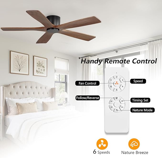 WINGBO 48" Flush Mount DC Ceiling Fans without Lights, 5 Carved Solid Wood