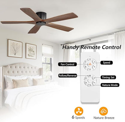 WINGBO 54" Flush Mount DC Ceiling Fans without Lights, 5 Carved Solid Wood