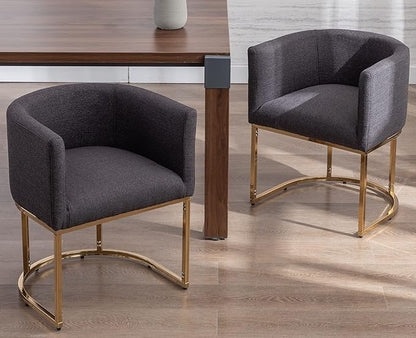VESCASA Linen Upholstered Dining Chairs with Barrel Back, Mid Century Modern Padded Restaurant Chairs with Gold Metal Frame for Kitchen, Dining Room, Set of 2, Charcoal
