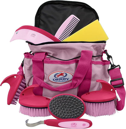 Derby Originals 9Piece Horse Grooming Set with Matching Nylon Carry Bag - Available in 8 Fun Colors, Hot Pink & Pink