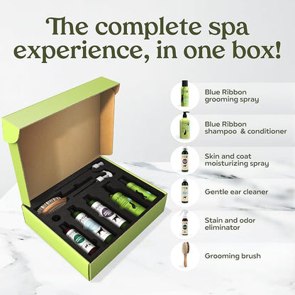 Pawfume Dog Gift Basket, 6-Piece Grooming Gift Box | 6-piece spa kit with probiotic deodorizer spray, hypoallergenic grooming mist & premium brush, Dog Gift Boxes for all breeds
