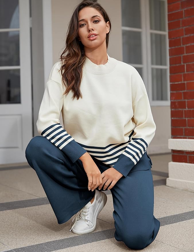 Tanming Women's Lounge Sets 2 Piece Outfits Knitted Pullover Sweater Tops Wide Leg Pants Tracksuit
