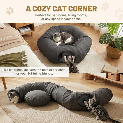 Cat Tunnel Bed for Indoor Cats, Cooling Natural Linen Cat Tunnel 29.5in | Breathable Kitten Toys Cat Tunnel with Washable Mat, Round Pet Tunnel for Kittens, Squirrels Dark Grey