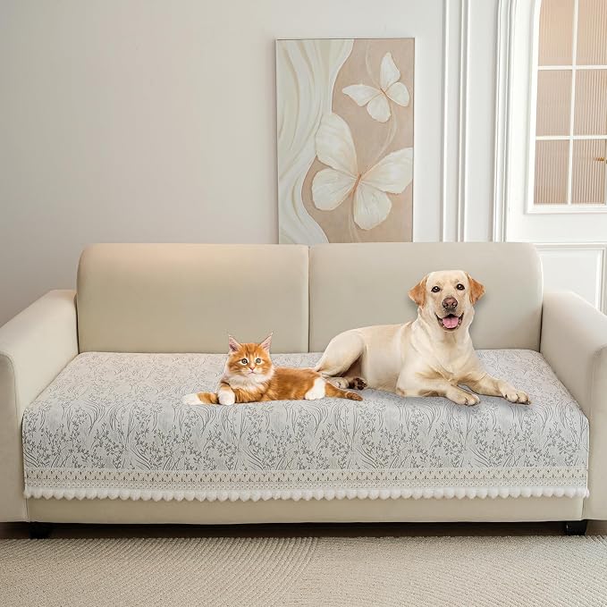 HANDONTIME Floral Chenille Couch Cover for Pets – Plush Fringed Edges, Washable & Non-Slip Sofa Protector, Pet-Friendly Dog Bed Cover for Couches and Sectionals (Light Grey,35.4" x 82.7")