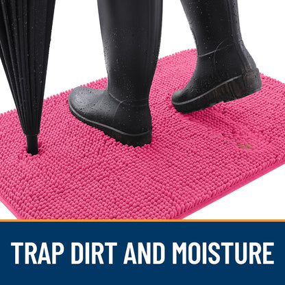 OLANLY Dog Door Mat for Muddy Paws 30x17, Absorbs Moisture and Dirt, Absorbent Non-Slip Washable Doormat, Quick Dry Chenille Mud Mat for Dogs, Entry Indoor Entryway Carpet for Inside Floor, Hot Pink