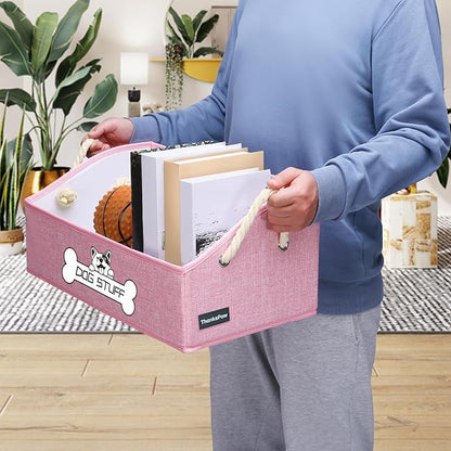 Collapsible Fabric Dog Toy Box and Storage Bin With Handle - Trapezoid Basket Chest Organizer for Pet Toys, Blankets and Accessories, Pink