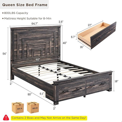 RedLemon Farmhouse Queen Size Bed Frame w/ 54" Tall Geometric Headboard, Rustic Wood Platform Bed w/ 2 Large Storage Drawers, Wood Slats Support, Noise Free, No Box Spring Needed, Dark Rustic Oak