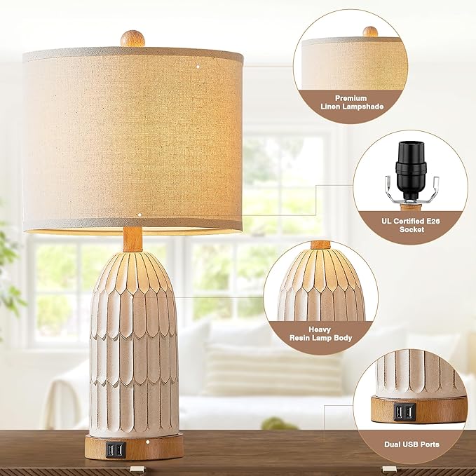 Boho Table Lamps Set of 2, Farmhouse 3-Way Dimmable Touch Nightstand Lamp with 2 USB Charging Ports, White Vintage Bedside Lamp for Bedroom Living Room End Table (Bulbs Included)