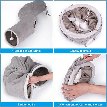 Ownpets S-Shape Cat Tunnel Toy 48"L x 10"D, for Cats, Puppies & Small Pets | Collapsible for storage, tear-resistant oxford fabric, connects to other tunnel, with peek hole, feather wand, indoor/outdoor