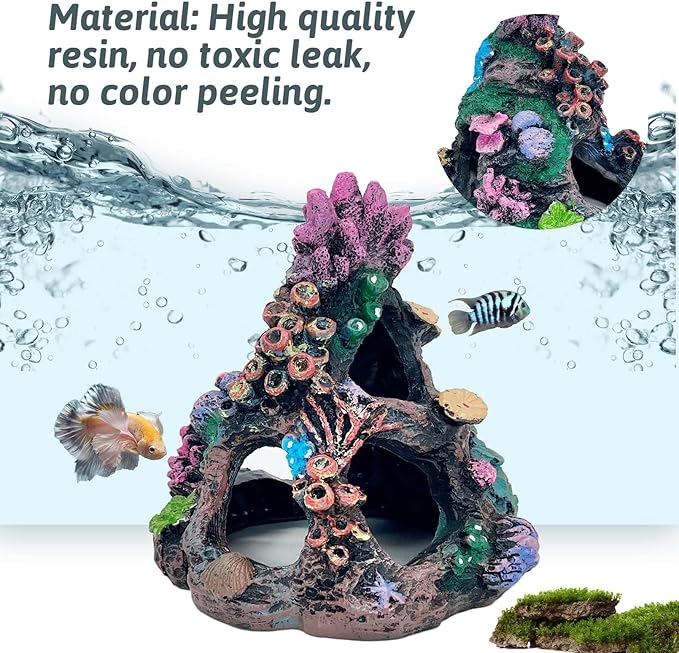 PINVNBY Coral Aquarium Decoration (Size: 6.3 x 4.7 x 4.7 inches) Small Fish Tank Decorations Resin Rock Mountain Cave Ornaments Betta Fish Hideout House for Beta Sleep Rest Hide Play Breed
