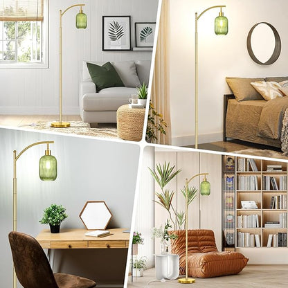 Gold Floor Lamp for Living Room with Remote Control,Unique Vintage Standing Tall Lamp,Mid Century Modern Floor Lamps Arc Green Glass Floor Lamps for Office Corner