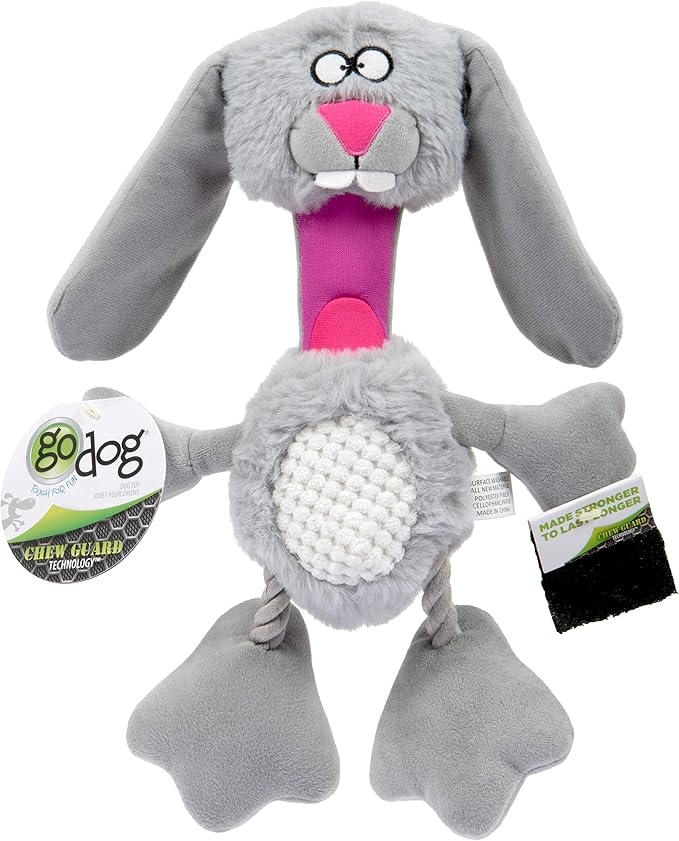 goDog Multi Tugs Rabbit Squeaky Plush & Rope Dog Toy, Chew Guard Technology - Gray, Small