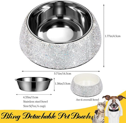 SlowVibes Bling Stainless Steel Dog Cat Bowl, Detachable, 7 oz | Rhinestone metal food or water bowl for small dogs and cats, rust-resistant non-slip puppy dish, sparkle pet essential