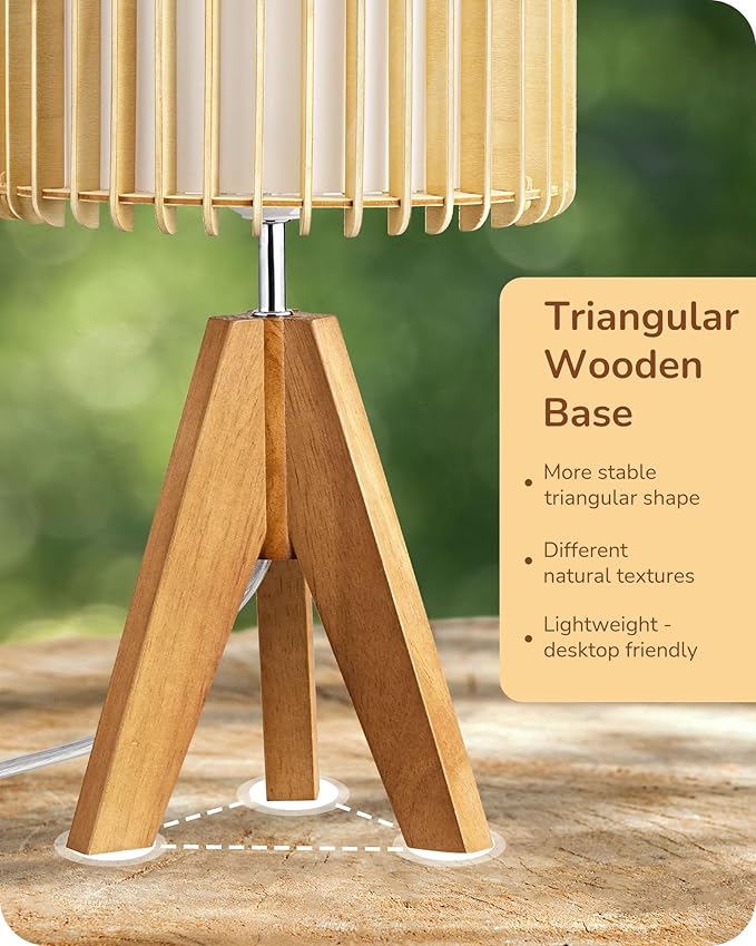 EDISHINE 14.17" Small Table Lamp, Wood Tripod Bedside Lamp, Natural Wood-Colored Hollow & White PVC Shade, E26 Base, Boho Nightstand Lamp for Bedroom, Living Room, Office, Study