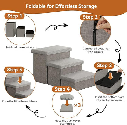 Zerbuger Dog Stairs with Storage, Grey Stripes Lids 3 Steps Ramp no Condo | 23" H Wider Dog Steps for High Beds Couch, Folding Storage Pet Stairs Gift for Climbing Small/Medium/Large Old Dogs Cats