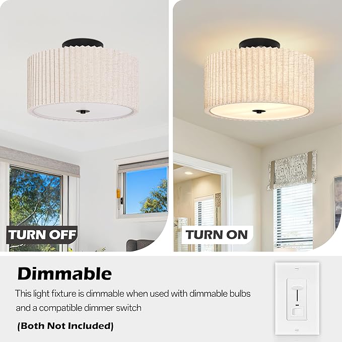 2 Light Semi Flush Mount Ceiling Light Fixture 12.6 Inch Modern Black Drum Ceiling Light Fixture with Pleated Fabric Shade Dimmable Close to Ceiling Light for Living Room Hallway Bedroom Entryway