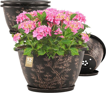 12-inch-Flower-Pots-Outdoor-Indoor, 4 Pack Plastic Planter Pots for Plant with Drainage Hole Saucer, Decorative Resin Garden Container with Tray