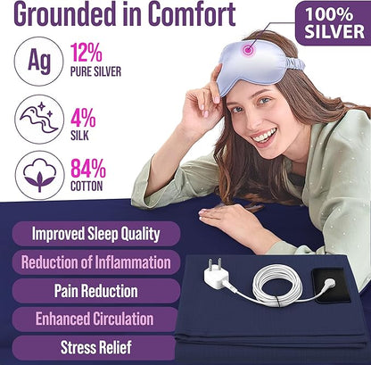 Earth Grounding Sheets Queen Size with 12% Silver Fiber & 4% Silk & 84% Cotton - Dark Blue - SGS Quality Certified Grounded Well Bed Sheet - Conductive Fitted Sheet for Better Sleep