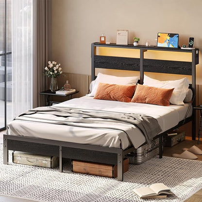 Bestier Queen Bed Frame with Headboard Storage and Charging Station, Black Platform Bed Frame with LED Light, Non-Slip Metal Bed Frame Queen Size, Noise-Free, Easy Assembly, Black