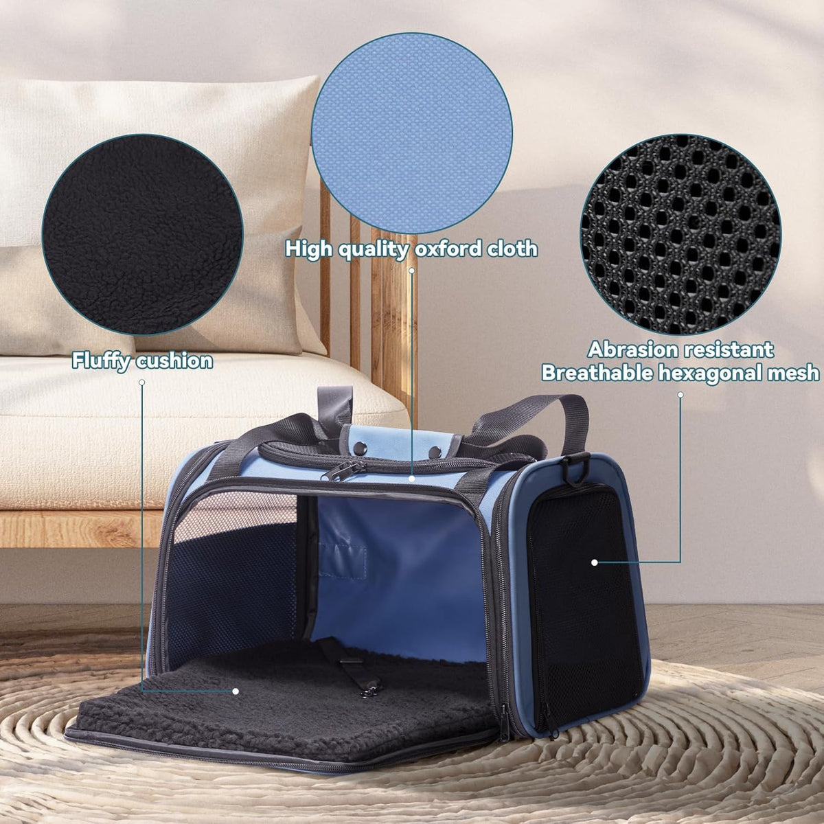 PETSFIT Pet Carrier, Dog Carrier Airline Approved, Collapsible Soft Sided TSA Approved Pet Carrier for Small and Medium Cats, Puppies Up to 12 Lbs, Cat Travel Carrier, Blue