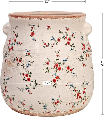 Shabby Chic Vase & Flower Pot with Drainage, 6.68" Ceramic Vases Pottery | Indoor/Outdoor Planter, Country Chic Decor, Perfect for Office Room Garden Balcony Mantel Fireplace Table & Shelf, Red Floral