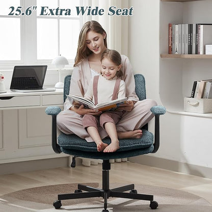 Kassipo Criss Cross Legged Office Chair with Wheels and Flip-Up Arms, Upholstered Criss Cross Desk Chair, Wide Seat Chairs for Home Office, Vanity, Apartment, Green