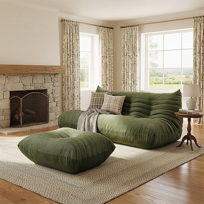 Bean Bag Chair for Adults,Armless Fireside Chair Comfy Corduroy Lazy Floor Sofa,Lounge Chair Lazy Sofa Couch Memory Foam Bean Bag for Living Room, Apartment Office,(Olive Green) 3 Seater