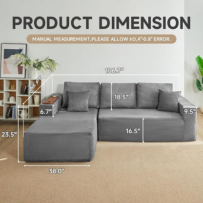 Modular Sectional Sofa Cloud Couch with Multi-Functional Armrests, Boneless Plush L-Shape Living Room Couch with Deep Seat, Fluffy Comfy Sleeper Sofa Easy Assembly (Gray, Right Chaise)
