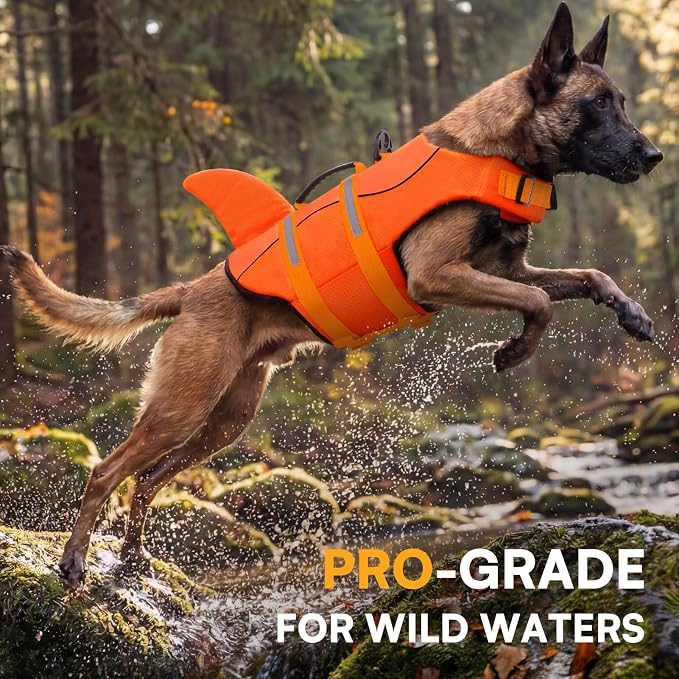Dog Life Jacket, Dog Life Vest for Swimming, Puppy Shark Swimming Vest with Rescue Handle, Reflective Adjustable Pet Lifesaver Preserver for Small Dogs, Orange XS