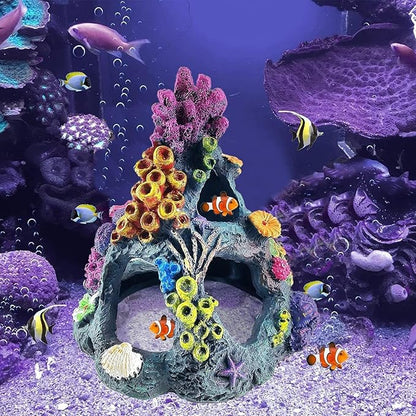 PINVNBY Coral Aquarium Decoration (Size: 6.3 x 4.7 x 4.7 inches) Small Fish Tank Decorations Resin Rock Mountain Cave Ornaments Betta Fish Hideout House for Beta Sleep Rest Hide Play Breed