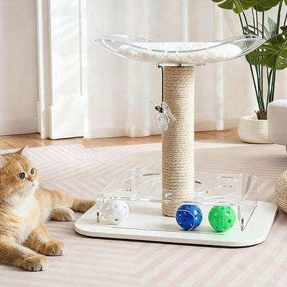 Modern 3-in-1 Interactive Cat Toy with Puzzle Box, Cat Bed/Perch & Scratching Posts, Colorful Jingle Balls, Dangling Accent, Puzzle Toys for Indoor Cats, Acrylic, White