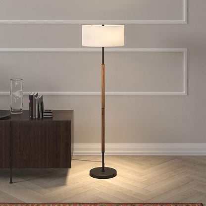 Henn&Hart 2-Light Floor Lamp with Fabric Shade in Blackened Bronze/Rustic Oak/White, Floor Lamp for Home Office, Bedroom, Living Room, 61" Tall