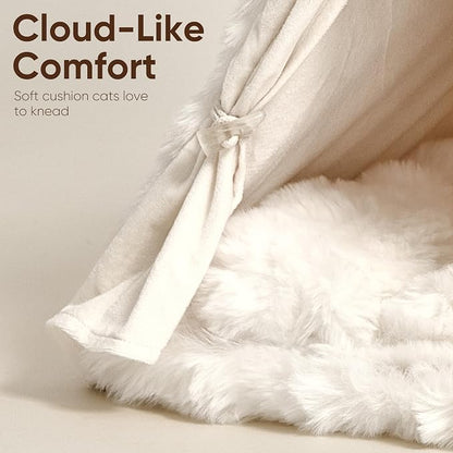 FUKUMARU Cat Cave Bed, Sturdy Frame Washable Cat Tent Bed with Curtain | Semi-Enclosed Cat Hideaway for Anxious Cats, Large Cozy Cat House for Indoor Cats, Soft Plush Covered Dog Bed, Cream