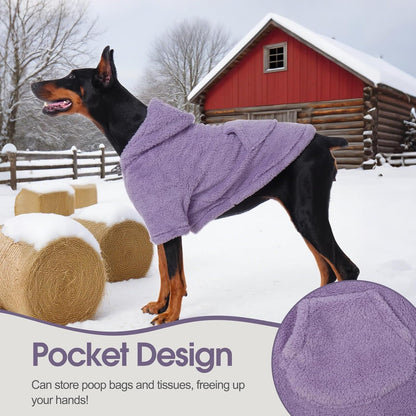 IDOMIK Fuzzy Dog Sweater with Adjustable Hood, Warm Fleece Dog Sweater Hoodie with Harness Hole & Pocket, Pullover Sweaters for Medium Dogs, Fuzzy Hooded Sweatshirt for Fall Winter Christmas,Purple,M